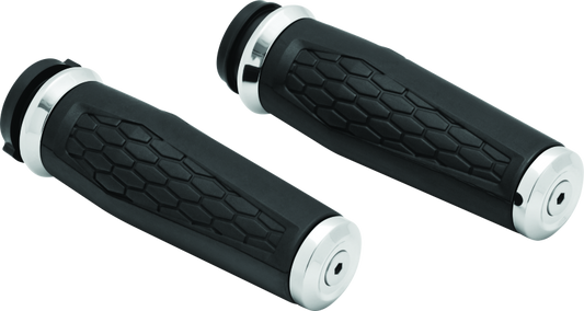 Kuryakyn Hex Grips Throttle-By-Wire chrome handlebar grips for powersports motorcycles, offering ergonomic comfort and control.
