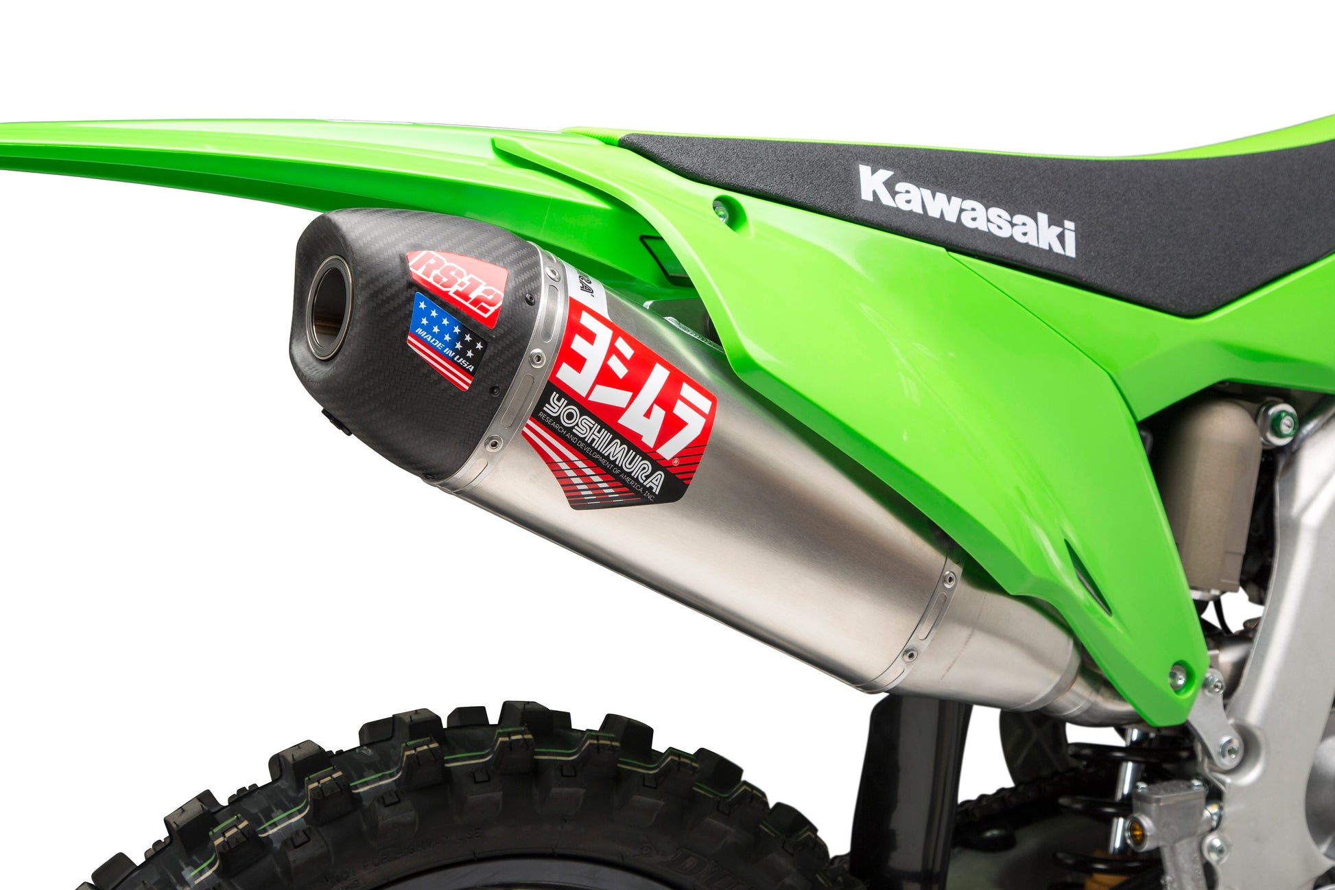 YOSHIMURA RS-4 exhaust slip-on with header, canister, and end cap showing polished metal components and mounting details
