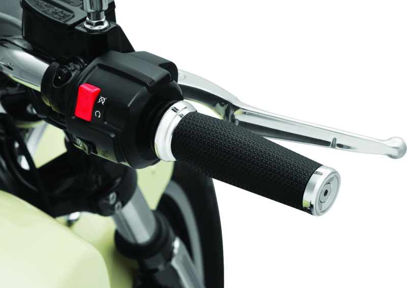 Kuryakyn Thresher motorcycle grips for Indian Scout in chrome, featuring textured design and ergonomic shape.