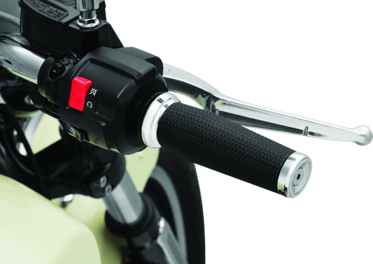 Kuryakyn Thresher motorcycle grips for Indian Scout in chrome, featuring textured design and ergonomic shape.