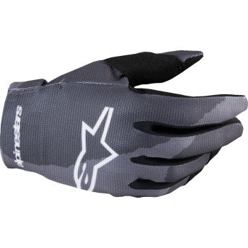 Alpinestars youth Radar MX gloves in dark camo with small size, featuring protective padding and durable fabric for motocross riding.