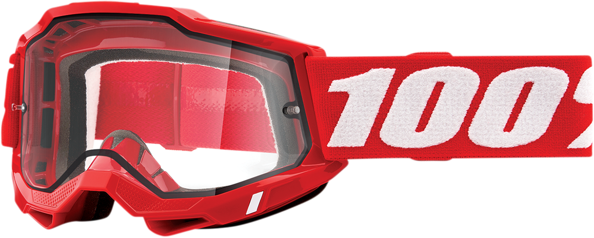 Bill's Exhausts 100% Accuri 2 Enduro Goggles in red with clear lenses, featuring a sleek design for off-road riding.