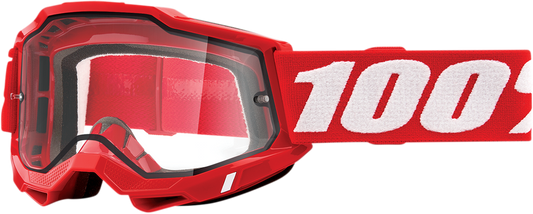 Bill's Exhausts 100% Accuri 2 Enduro Goggles in red with clear lenses, featuring a sleek design for off-road riding.