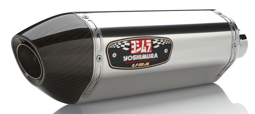 YOSHIMURA Yoshimura Exhaust Race R77 full system for high-performance motorcycle, stainless steel with carbon fiber end cap.