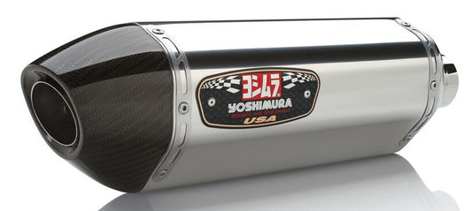 YOSHIMURA Yoshimura Exhaust Race R77 full system for high-performance motorcycle, stainless steel with carbon fiber end cap.