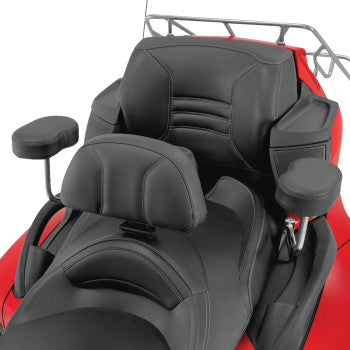 Black Show Chrome Grande Backrest for Can-Am Spyder RT 2010-2019, providing comfortable support for rider.