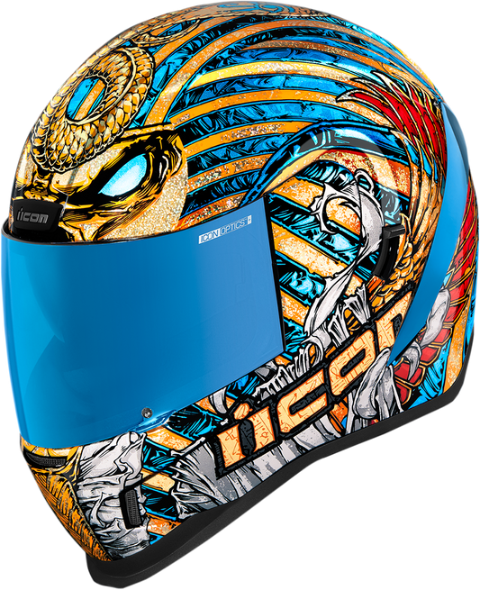 Gold ICON Airform Pharaoh helmet in large size, featuring sleek helmet design with detailed graphics and brand logo.