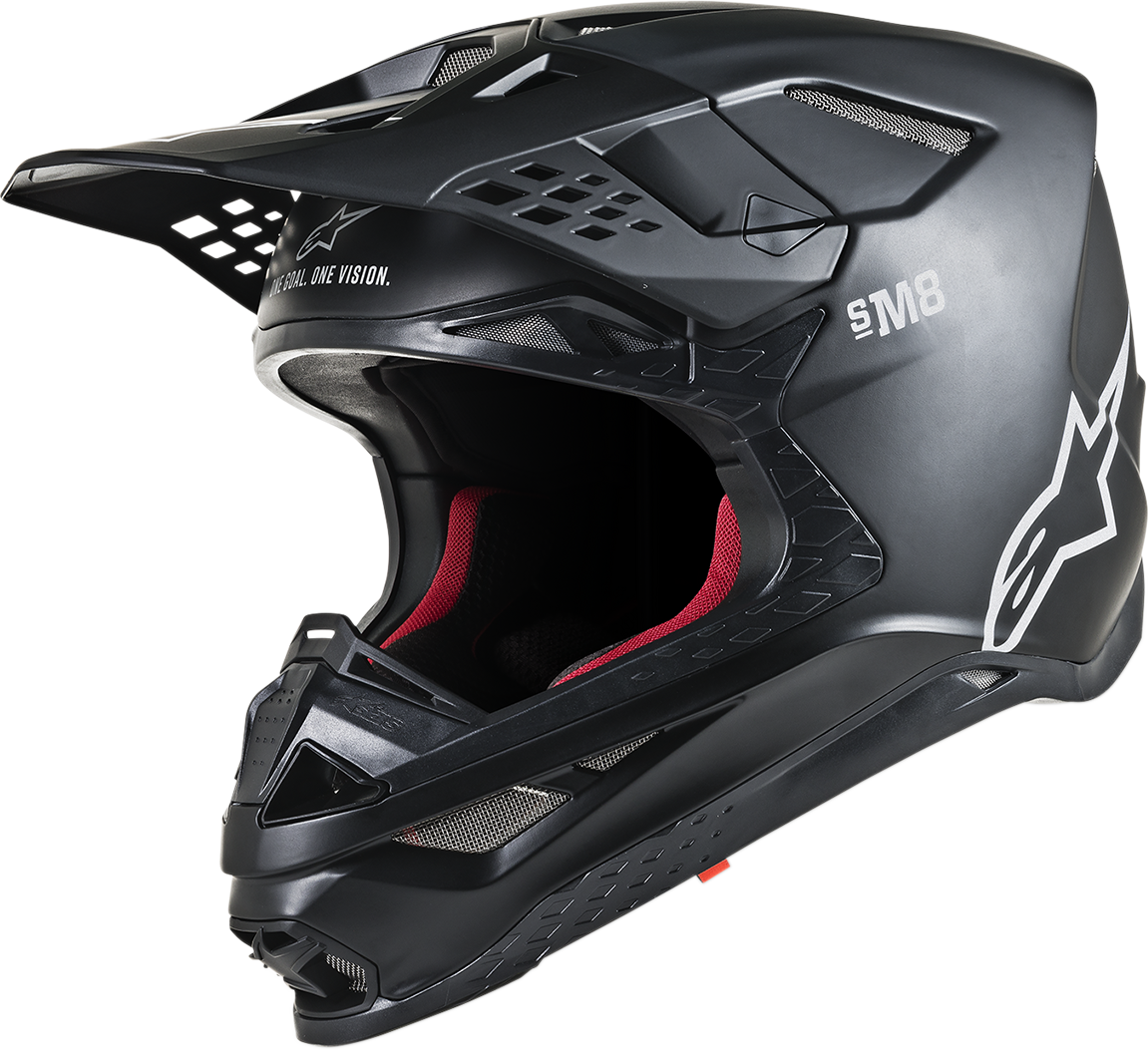 Matte black ALPINESTARS Supertech M8 helmet with MIPS technology, small size, featuring aerodynamic vents and sleek design.