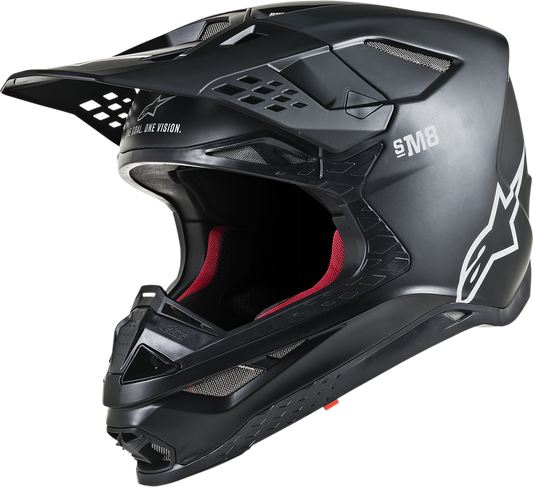 Matte black ALPINESTARS Supertech M8 helmet with MIPS technology, small size, featuring aerodynamic vents and sleek design.