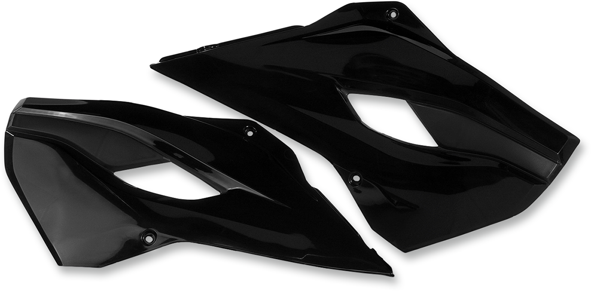 Black Acerbis radiator shrouds for motorcycle body protection, shown on a bike with detailed mounting points and sleek finish.