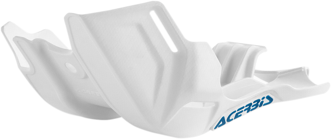 White ACERBIS skid plate for Husqvarna and KTM dirt bikes, designed for body protection and durability.