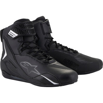 Alpinestars Faster-4 black racing shoes with US 12.5 size, aerodynamic design and reinforced sole for motorsport performance.