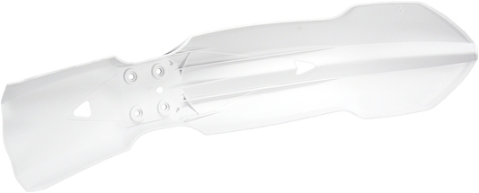 Acerbis white and black front fender for motorcycle, mounted on the bike, showcasing durable plastic body and sleek design.