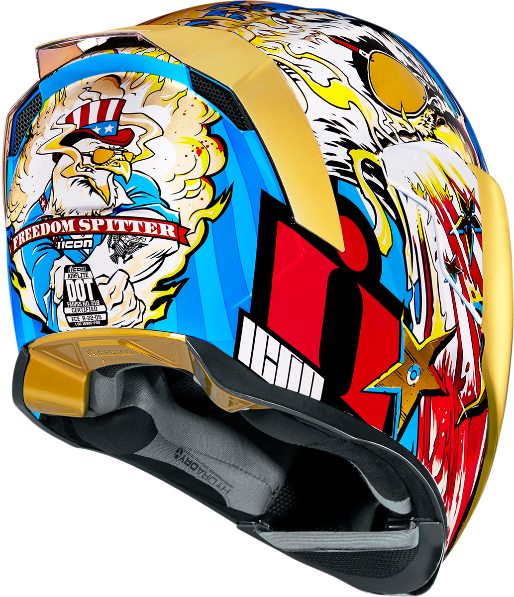 Bill's Exhausts ICON Airflite™ helmet in gold with Freedom Spitter design, small size, showing the helmet's sleek shape and vibrant finish.