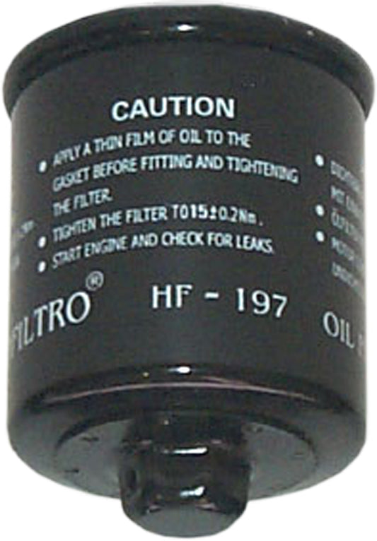 HIFLOFILTRO HF197 motorcycle oil filter with 5/8" nut and safety wire provisions, shown in close-up.