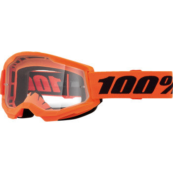 Bill's Exhausts 100% Strata 2 Junior goggles in neon orange with clear lenses, featuring a sleek design for young riders.