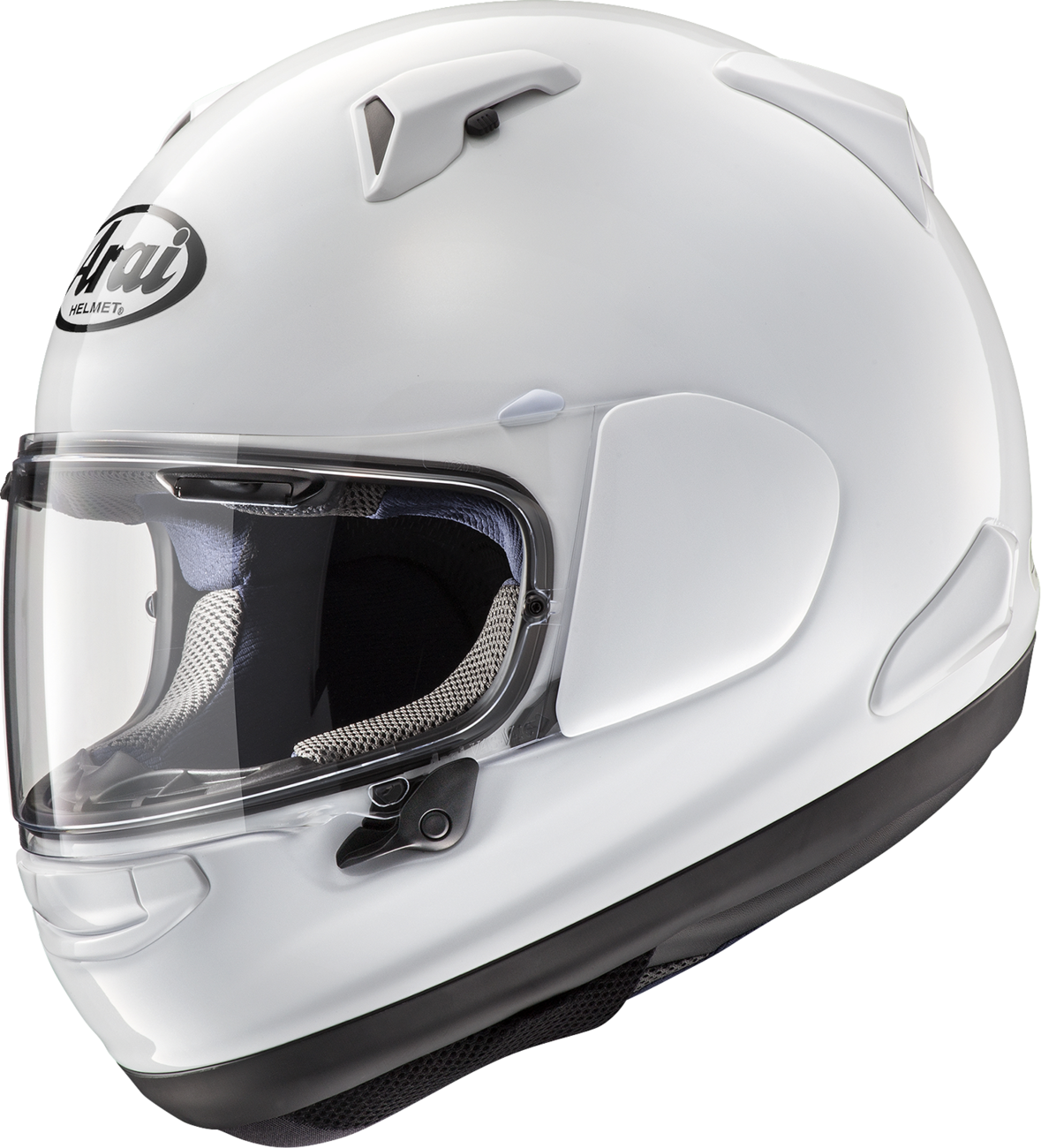 Arai Helmets Quantum-X motorcycle helmet in white, medium size, featuring aerodynamic design and ventilation details.