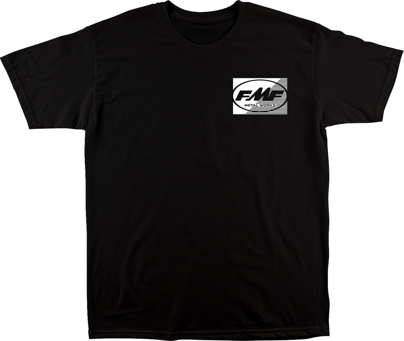 Black FMF Metal Works Supply T-shirt in large size with logo design on front, made from soft cotton material.