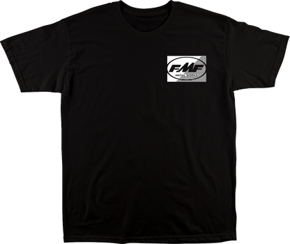 Black FMF Metal Works Supply T-shirt in large size with logo design on front, made from soft cotton material.
