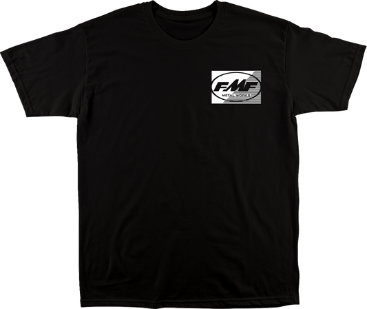 Black FMF Metal Works Supply T-shirt in large size with logo design on front, made from soft cotton material.