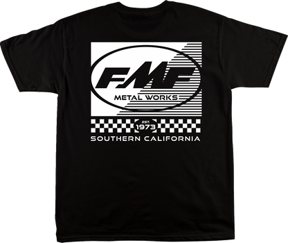 Black FMF Metal Works Supply T-Shirt in large size with front logo print, casual and comfortable apparel for motorcycle enthusiasts.