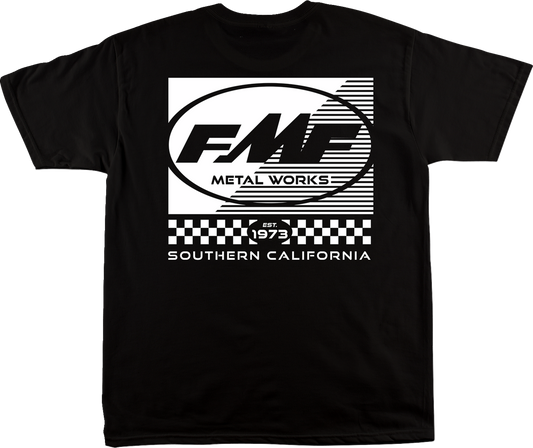 Black FMF Metal Works Supply T-Shirt in large size with front logo print, casual and comfortable apparel for motorcycle enthusiasts.