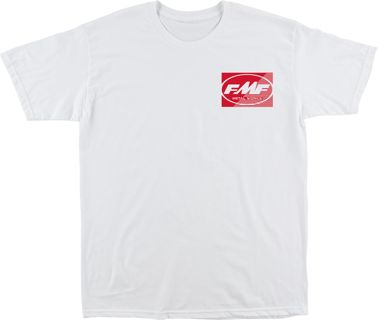 White FMF Metal Works Supply T-shirt in medium size with logo and graphic design on front.