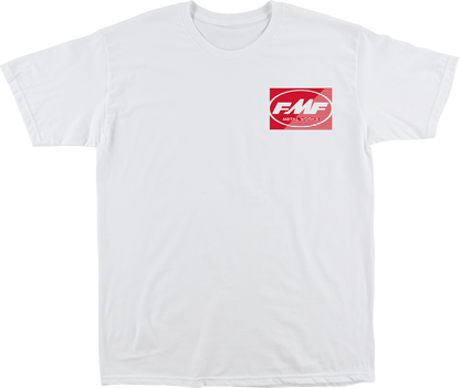 White FMF Metal Works Supply T-shirt in medium size with logo and graphic design on front.
