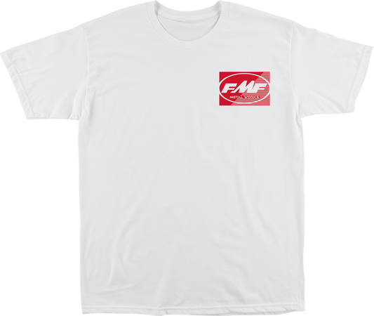 White FMF Metal Works Supply T-shirt in medium size with logo and graphic design on front.