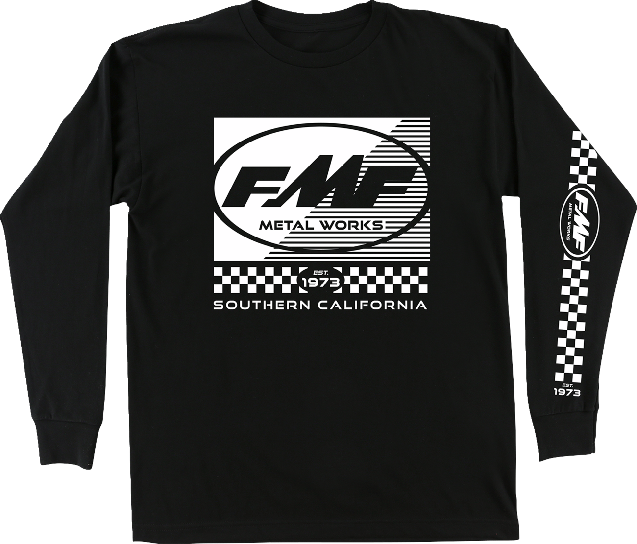 Black FMF Metal Works long-sleeve T-shirt displayed on a model, featuring the FMF logo on the front in a medium size.