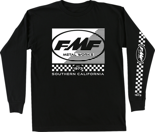 Black FMF Metal Works long-sleeve T-shirt displayed on a model, featuring the FMF logo on the front in a medium size.