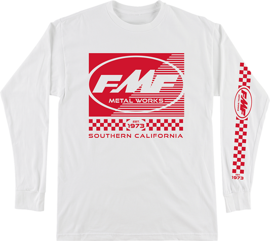 White FMF Metal Works long-sleeve T-shirt in medium size, featuring the FMF logo and graphic design on the front.