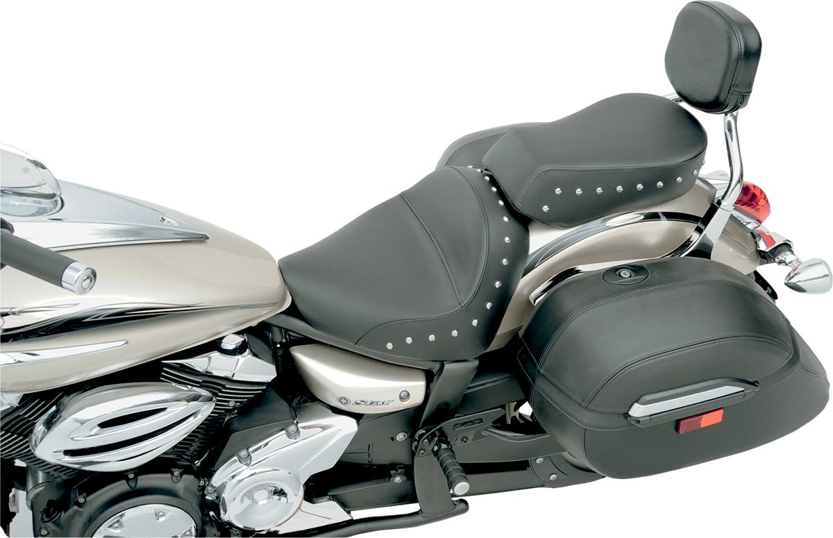 Bill's Exhausts SADDLEMEN Touring Pillion seat with studs for XVS 950 motorcycle, designed for comfort and style.