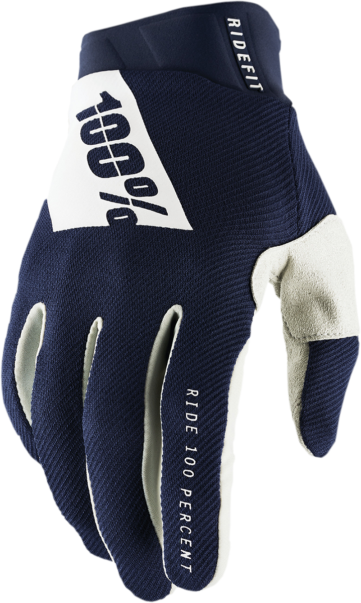Bill's Exhausts Ridefit 100% gloves in navy and white, size 2XL, featuring padded palms and adjustable wrist closures.