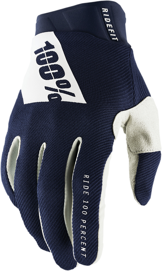 Bill's Exhausts Ridefit 100% gloves in navy and white, size 2XL, featuring padded palms and adjustable wrist closures.