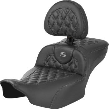 Gray SADDLEMEN Roadsofa™ extended reach motorcycle seat with lattice stitch, designed for FLTR/FLHX models 2023-2024.