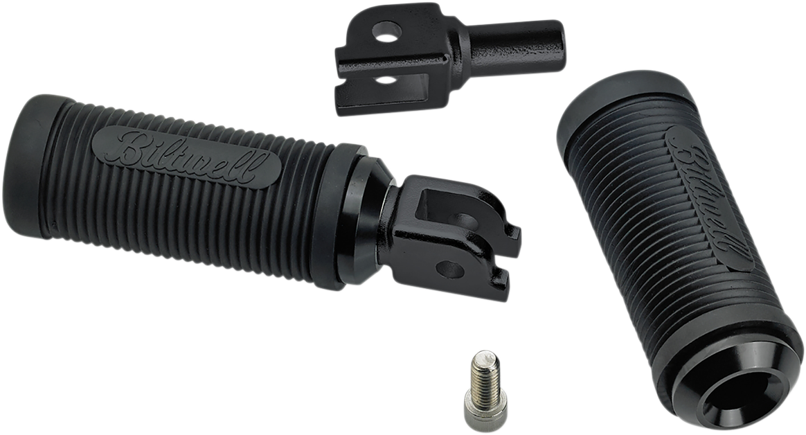 Black BILTWELL Norman foot pegs for Softail motorcycles, designed by Bill's Exhausts, shown on a motorcycle body.