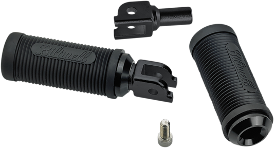 Black BILTWELL Norman foot pegs for Softail motorcycles, designed by Bill's Exhausts, shown on a motorcycle body.