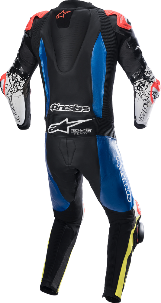 Alpinestars GP Tech Suit V4 in black, blue, and yellow fluorescent leather racing suit, size US 46 / EU 56, displayed on a plain background.