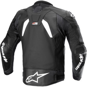 Alpinestars GP Plus R v4 Rideknit leather motorcycle jacket in black and white, US 40 / EU 50, with protective armor visible.