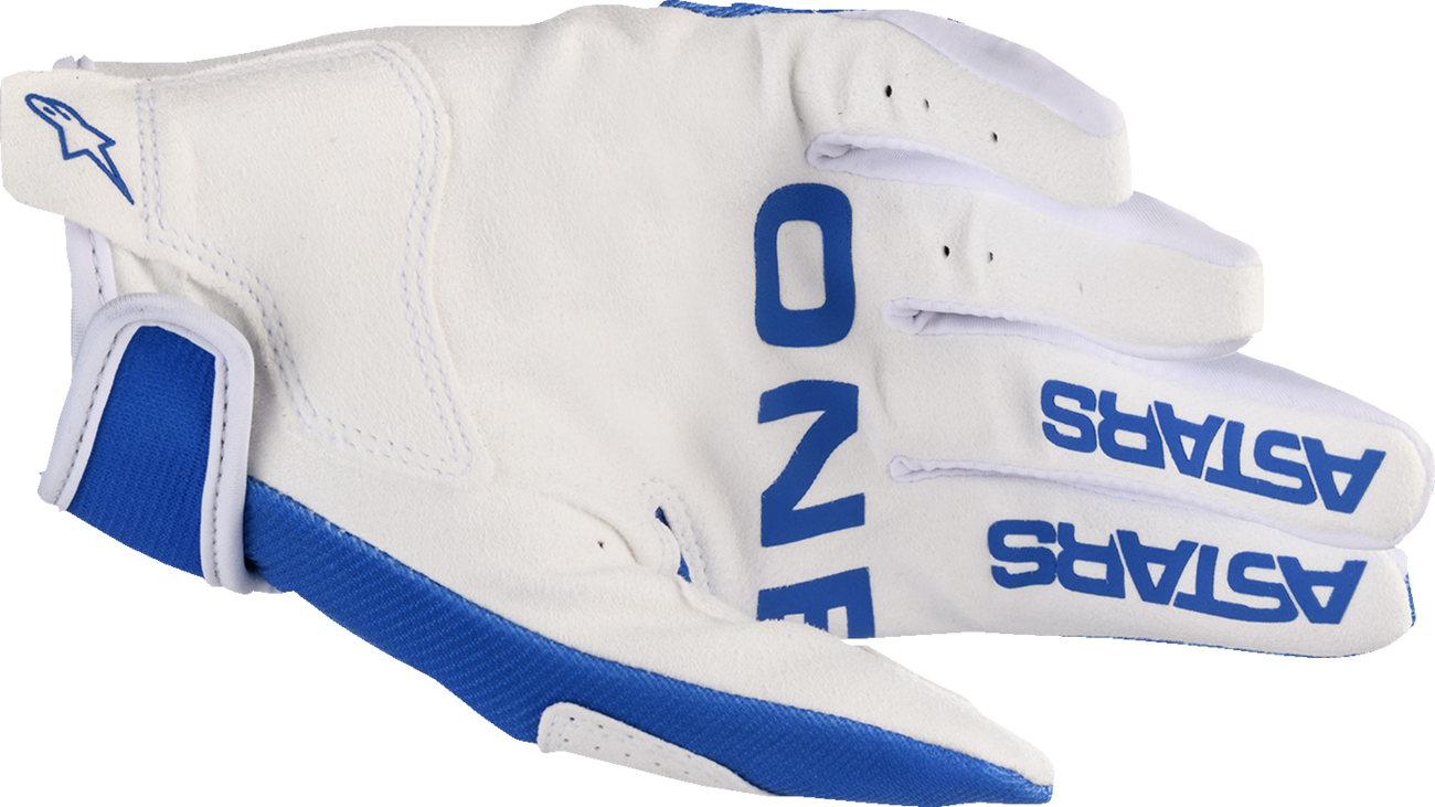 Alpinestars Youth Radar Gloves in UCLA Blue and White, medium size, featuring protective knuckles and durable fabric for motorcycle riding.