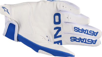 Alpinestars Youth Radar Gloves in UCLA Blue and White, medium size, featuring protective knuckles and durable fabric for motorcycle riding.