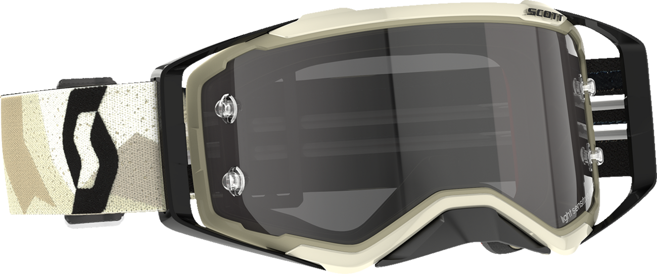Scott Prospect Sand Light Sensitive Goggles in camo beige and black, with gray lenses, designed for engine protection and eye safety.