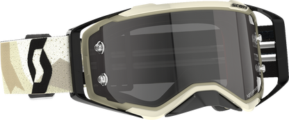 Scott Prospect Sand Light Sensitive Goggles in camo beige and black, with gray lenses, designed for engine protection and eye safety.