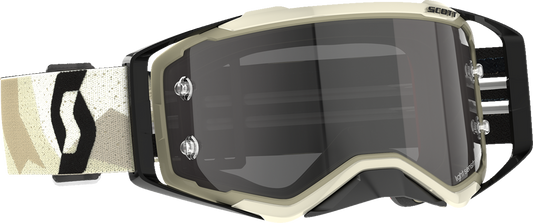 Scott Prospect Sand Light Sensitive Goggles in camo beige and black, with gray lenses, designed for engine protection and eye safety.