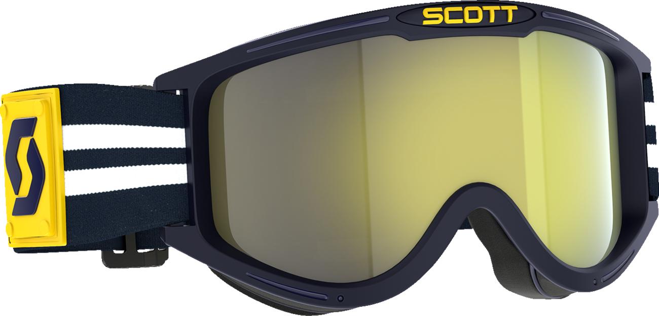 Scott 89X Era motorcycle goggles in blue and white with yellow chrome lenses, featuring an engine-inspired design.