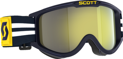 Scott 89X Era motorcycle goggles in blue and white with yellow chrome lenses, featuring an engine-inspired design.