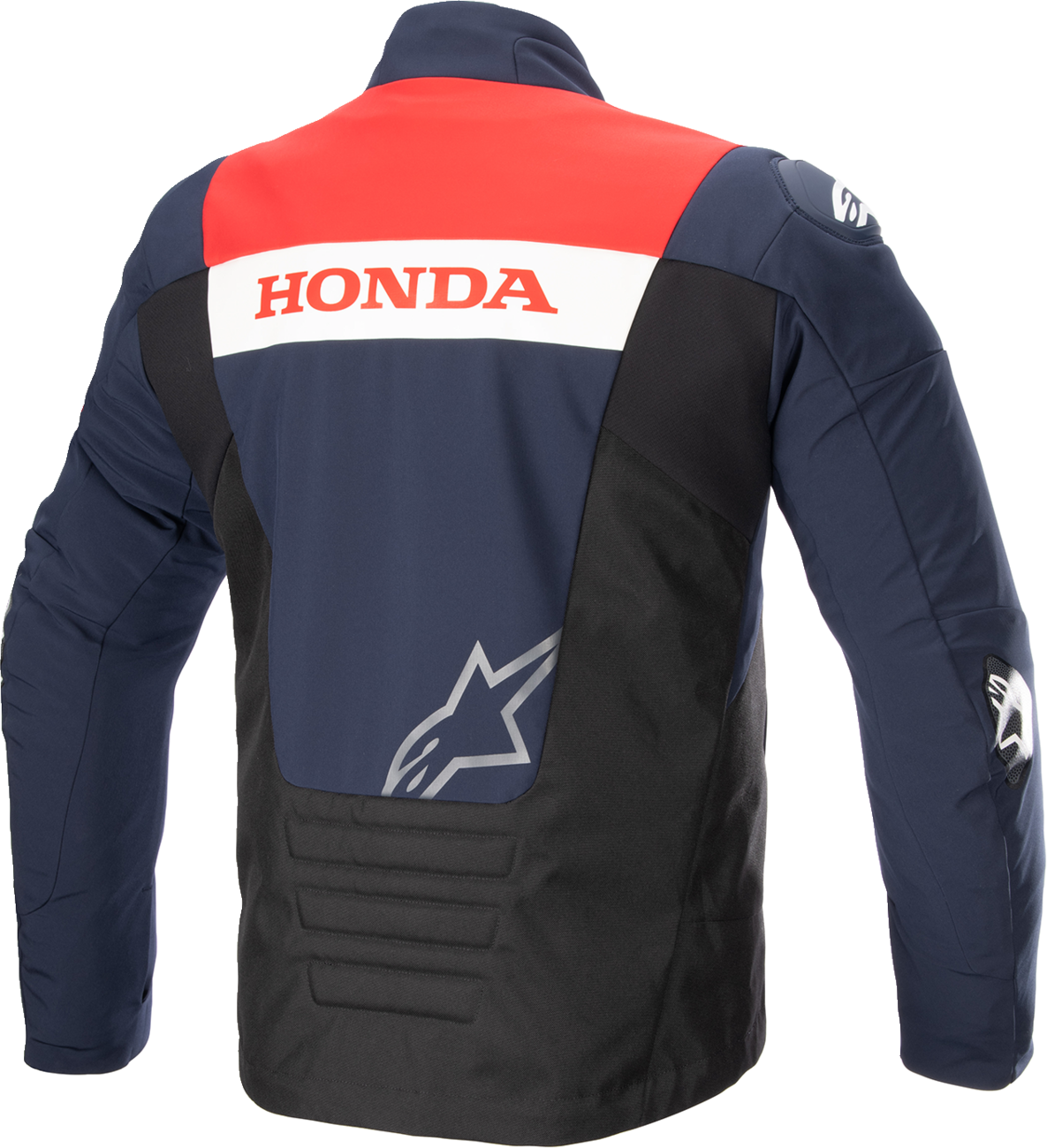 Alpinestars Honda SMX waterproof motorcycle jacket in blue, black, and red with zipper pockets, size XL, shown on a hanger.