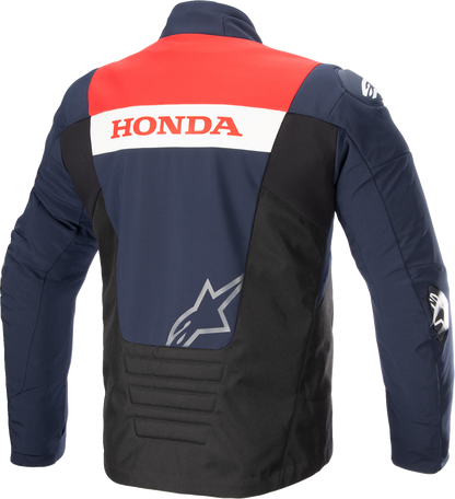 Alpinestars Honda SMX waterproof motorcycle jacket in blue, black, and red with zipper pockets, size XL, shown on a hanger.