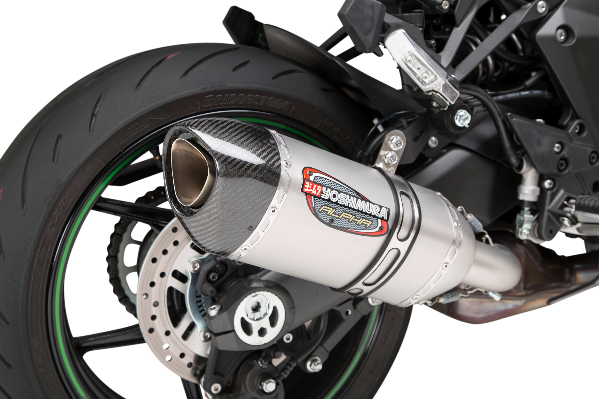 YOSHIMURA RS-12 ADV Street Alpha slip-on motorcycle exhaust for Kawasaki, featuring a sleek metal finish and compact design.